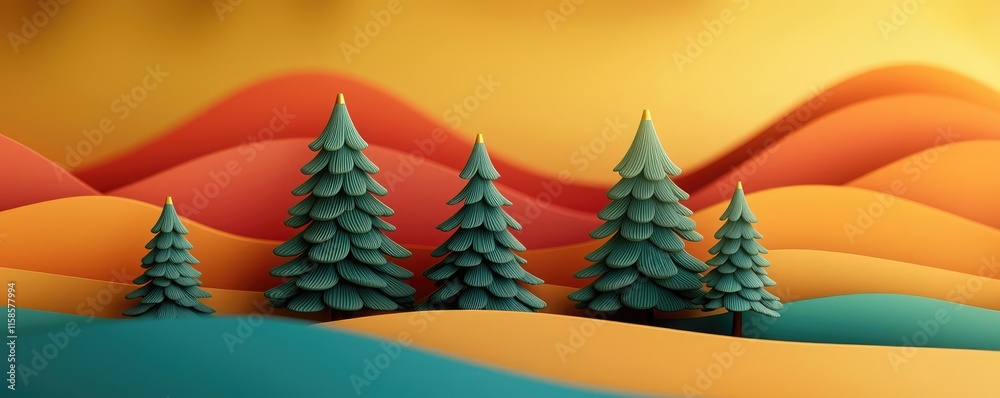 Poster Pine tree abstract background idea. Vibrant paper art landscape featuring colorful waves and pine trees.