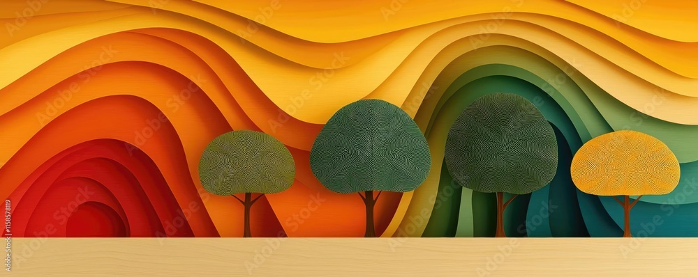 Poster Plane tree abstract background idea. Vibrant paper cut landscape featuring colorful trees and wavy layers in warm tones.