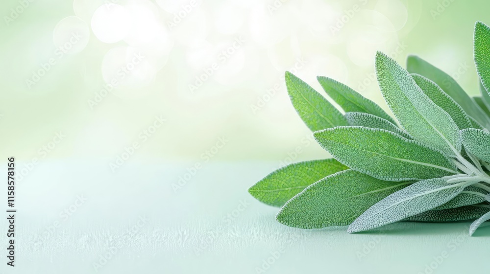 Poster sage leaves abstract background concept. a branch of fresh green leaves on a soft background, symbol