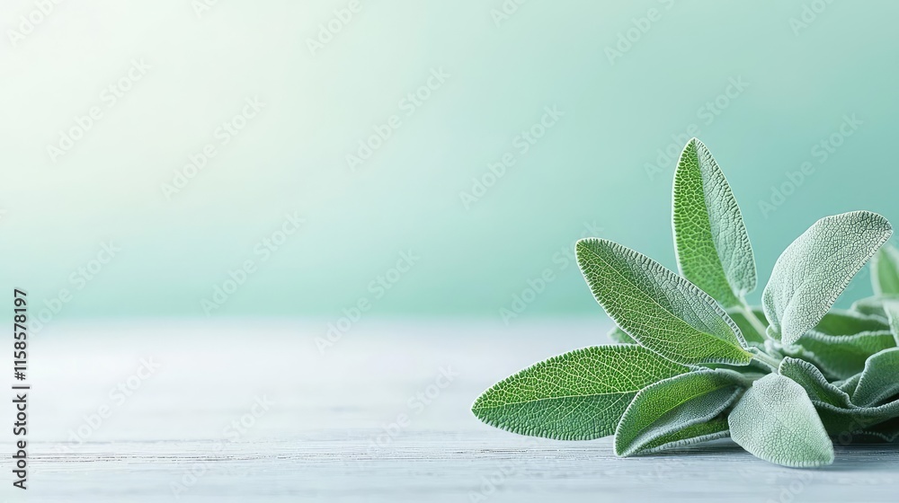 Poster sage leaves abstract background concept. lush green sage leaves on a rustic wooden surface against a