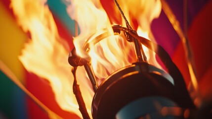 A close-up view of a vibrant hot air balloon flame. The fire dances brightly against a colorful backdrop. Adventure and excitement await those who take flight. Generative AI