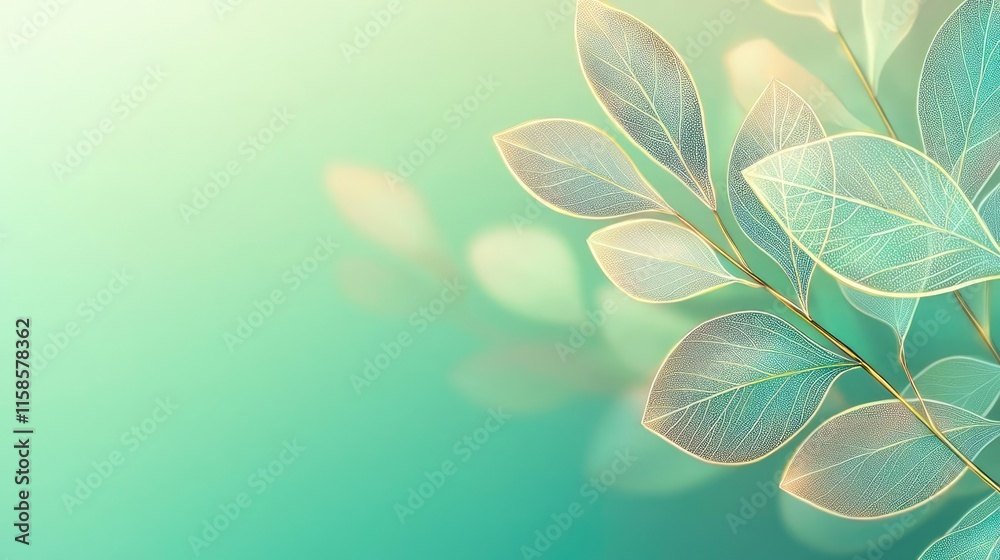 Poster Sage leaves abstract background concept. Elegant illustration of soft green leaves with a calming gradient background.