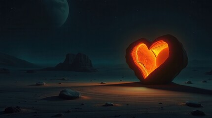 Fototapeta premium A glowing heart-shaped rock illuminates a dark, alien landscape, set against a distant planet and starry sky, evoking feelings of love and wonder.