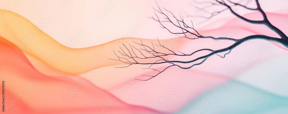 Poster Plane tree abstract background idea. Delicate branches intertwine with vibrant waves of color, evoking serenity and transformation.
