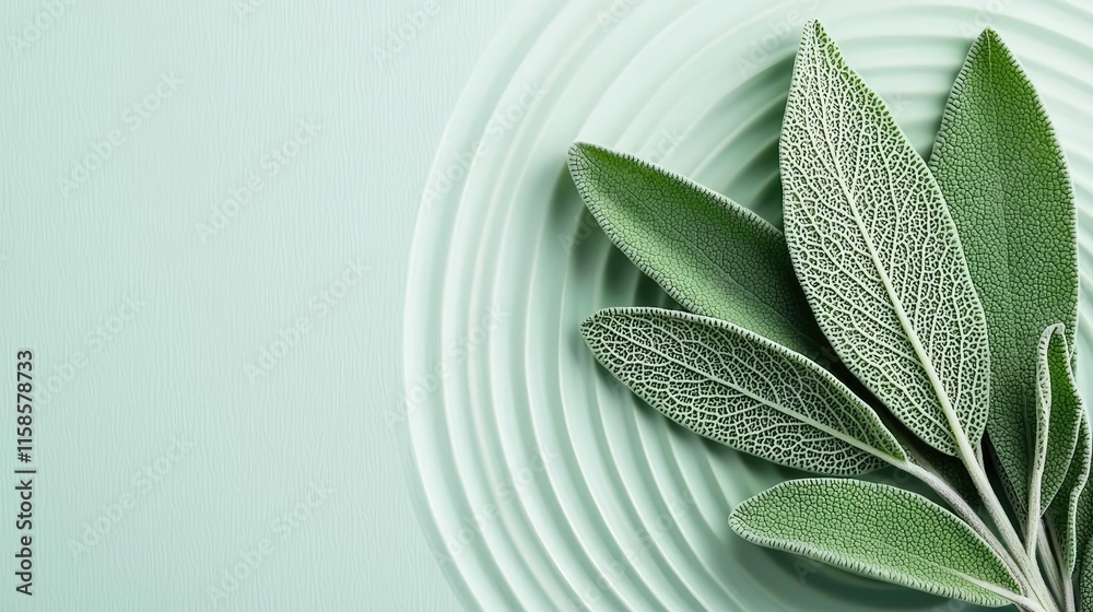 Poster Sage leaves abstract background concept. Elegant sage leaves arranged on a mint-colored background with concentric circles.