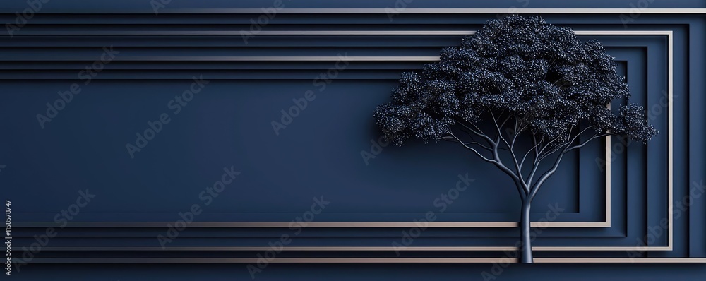 Poster Plane tree abstract background idea. A modern artistic depiction of a tree set against a minimalist dark blue background.