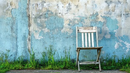 Old Wooden Chair Against Weathered Blue Wall with Green Grass