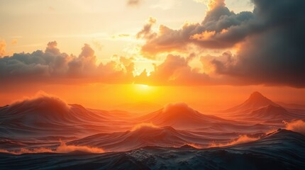 Obraz premium A stunning sunset over turbulent ocean waves, with dramatic clouds illuminating the sky in shades of orange and gold.