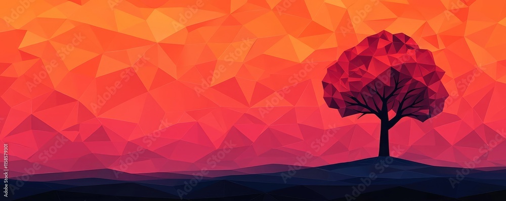 Poster plane tree abstract background idea. a vibrant geometric landscape featuring a solitary tree against