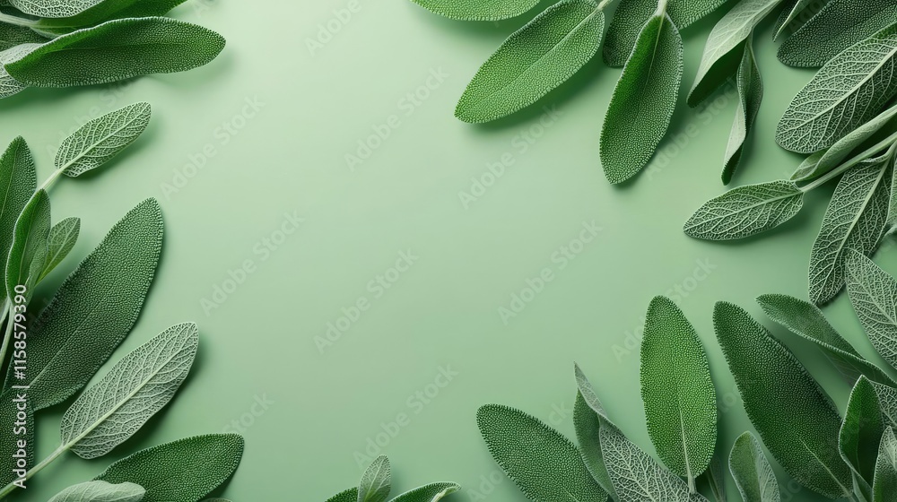 Poster sage leaves abstract background concept. fresh green sage leaves arranged on a soft green background