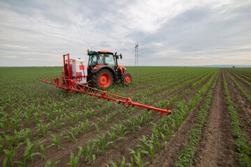 Obraz premium Tractor spraying pesticides at corn fields