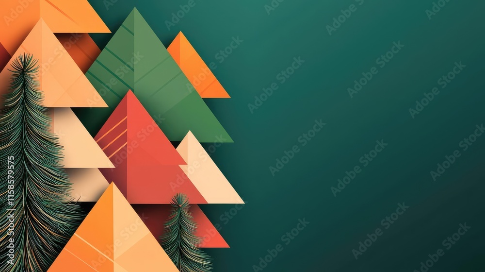Poster Pine tree abstract background idea. Modern geometric art featuring colorful triangular shapes and stylized trees.