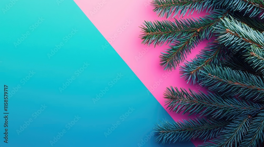 Poster pine tree abstract background idea. vibrant green pine branches against a colorful geometric backgro