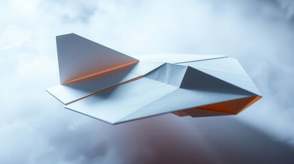 A sleek, futuristic aircraft design emerges from soft clouds, showcasing sharp angles and a blend of colors.