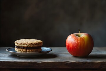 Close-up on a rustic table: left, biscuits with chocolate filling; right, a fresh apple, warm light highlighting health vs indulgenceillustrating the healthy living by eating healthy food
