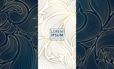 Vector set of line flower patterns, art deco floral textures, leaves plant ornaments. Wine, beauty product package, luxury fancy labels