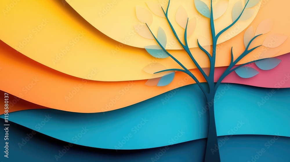 Aufkleber Plane tree abstract background idea. Abstract layered design with a tree silhouette, vibrant colors and smooth curves.