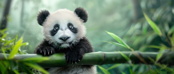 Fototapeta premium Adorable baby panda resting on bamboo in lush green forest setting, exuding innocence and charm in natural habitat