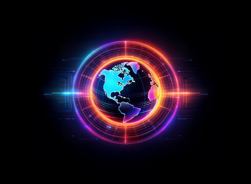 A vibrant, glowing Earth encircled by a neon crosshair, suggesting global surveillance or technological monitoring.  The image evokes themes of futuristic technology and global connectivity.