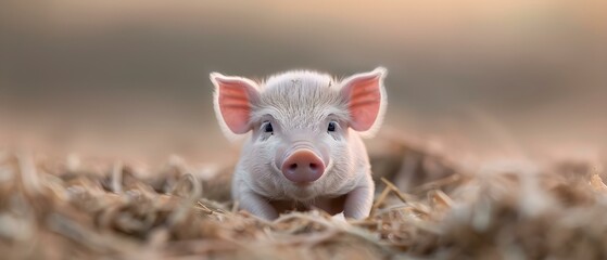 Fototapeta premium Adorable Baby Piglet Emerging from Straw in a Soft Pastoral Setting at Sunrise