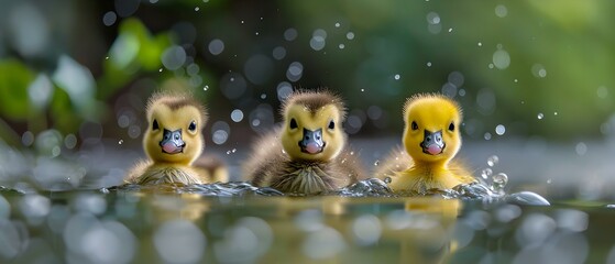 Charming Ducklings Swimming Playfully in a Serene Pond with Soft Bokeh Background and Gentle Water Ripples