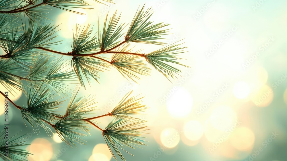 Poster Pine tree abstract background idea. Close-up of pine branches against a soft bokeh background, evoking calm and nature.