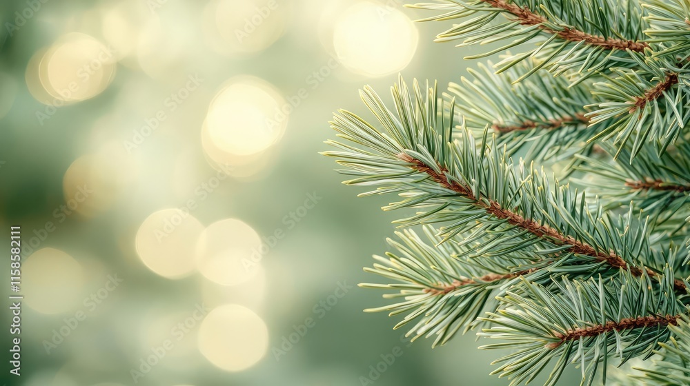 Poster Pine tree abstract background idea. Close-up of pine branches with soft green background and gentle bokeh lights.