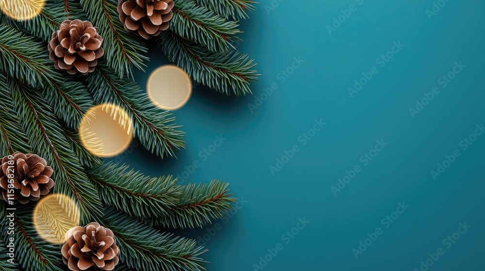 Poster pine tree abstract background idea. christmas pine branches with cones and ornaments on a teal backg