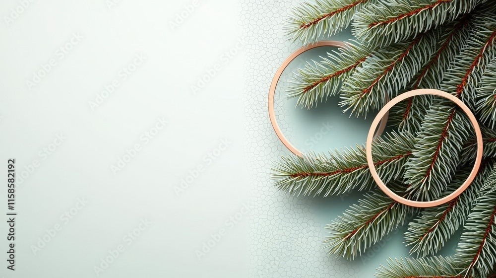 Aufkleber Pine tree abstract background idea. Beautiful evergreen branches styled with circular ornaments for seasonal decor.