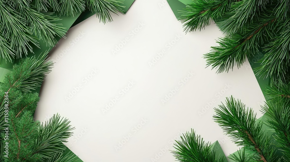 Poster pine tree abstract background idea. a fresh green border of pine leaves framing a blank white space 