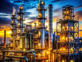 Nighttime Petrochemical Plant: Oil Refinery & Industrial Tower Close-Up - High-Resolution Image
