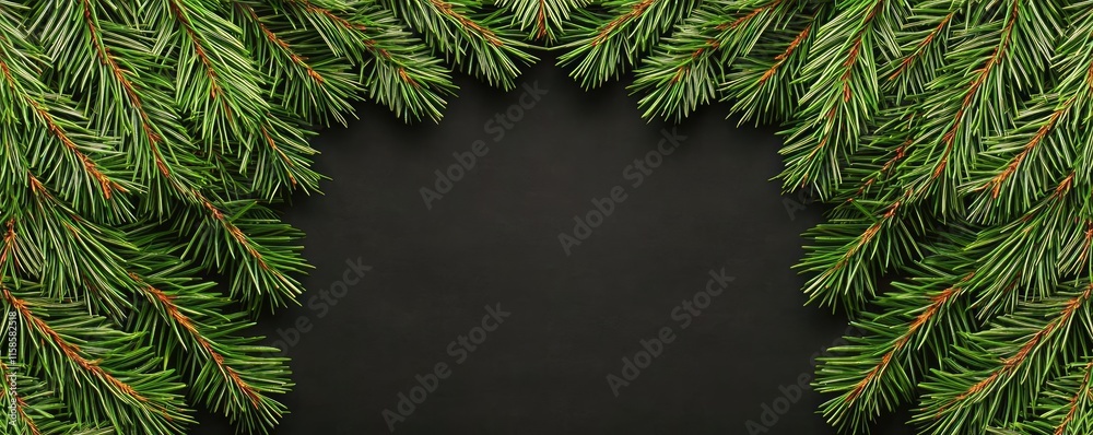 Aufkleber Pine tree abstract background idea. A close-up view of lush green pine branches framing a dark blank space for your design.