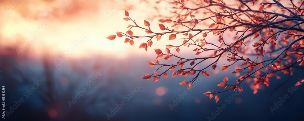 Poster plane tree abstract background idea. a serene view of delicate autumn leaves against a blurred sunse