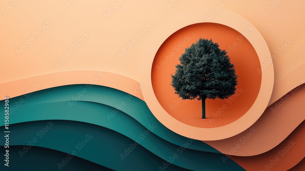 Poster Plane tree abstract background idea. Abstract illustration of a tree within layered waves in vibrant colors.