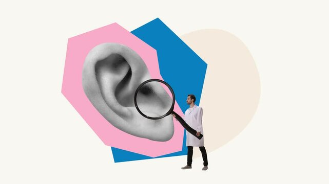 Stop motion. Animated clip. Doctor, lore checking human ear. Professional occupation. Healthcare. Conceptual creative image for medical ad. Concept of medicine, aid, science, health, human life