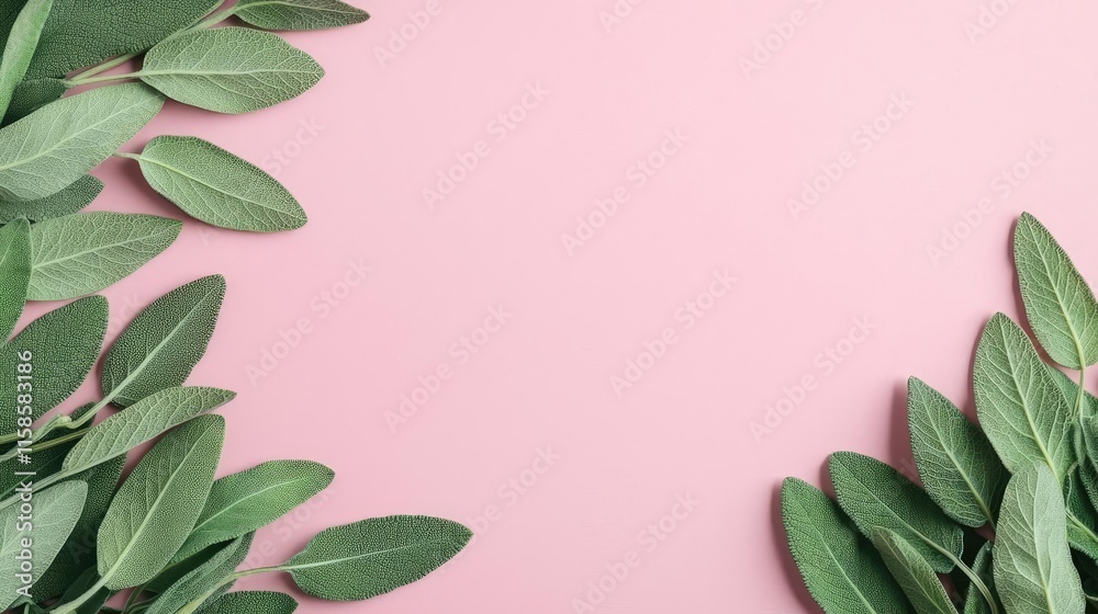 Aufkleber sage leaves abstract background concept. fresh green leaves on a soft pink background create a tranq