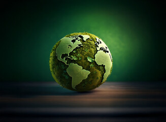 Fototapeta premium A verdant globe, textured like moss, rests on a dark wooden surface against a deep green backdrop. It symbolizes environmental consciousness and the planet's fragility.