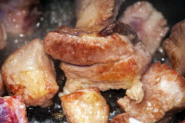 Fried pieces of meat close-up, pork from fatty meat at home. Food cooked in a pan. Very bold....