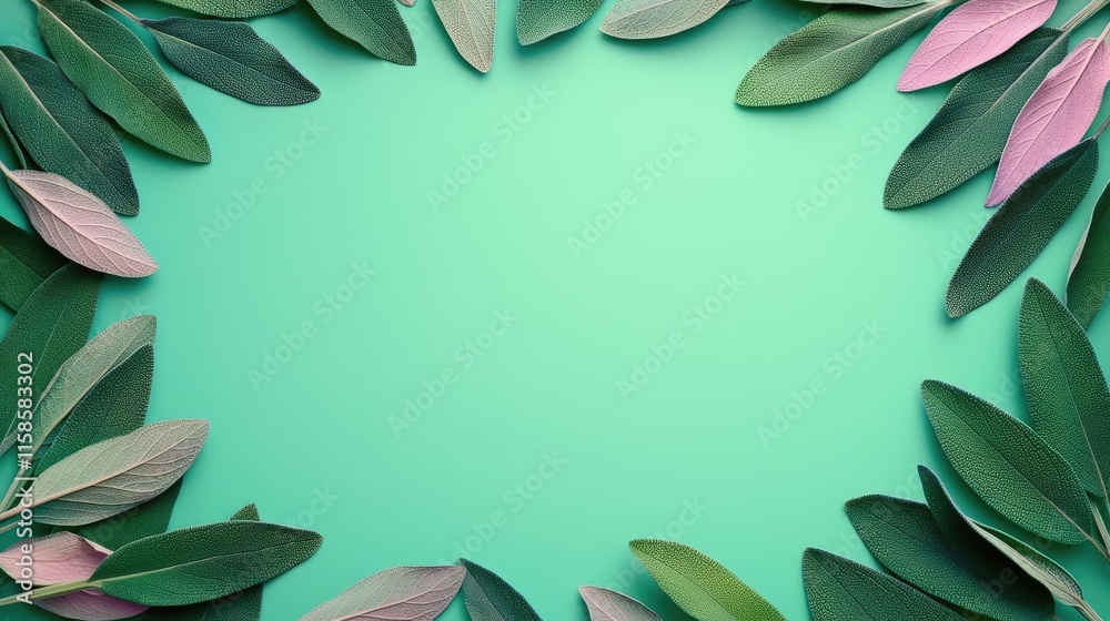 Poster sage leaves abstract background concept. beautiful green leaves create a vibrant frame on a soft min