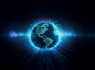A glowing digital Earth, rendered in shades of blue, pulses with energy. Data streams radiate outwards, suggesting global connectivity and technological advancement.