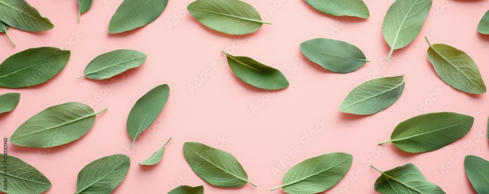 Poster Sage leaves abstract background concept. Fresh green leaves scattered on a soft pink background, creating a vibrant natural pattern.