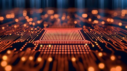 Obraz premium Close-up View of Circuit Board with Microchip and Glowing Lights for Technology and Innovation Concepts