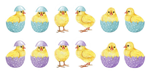 Easter mood cute funny yellow chicks in pastel colored eggs on white background. Hand drawn vintage style illustration set. Perfect for Easter decor designs, spring decor and rustic-themed art