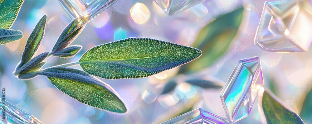 Poster sage leaves abstract background concept. a close-up of vibrant green leaves with sparkling crystal-l