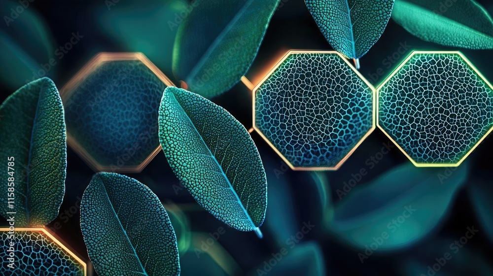 Poster Sage leaves abstract background concept. Close-up of green leaves with hexagonal patterns, representing nature and molecular structures.