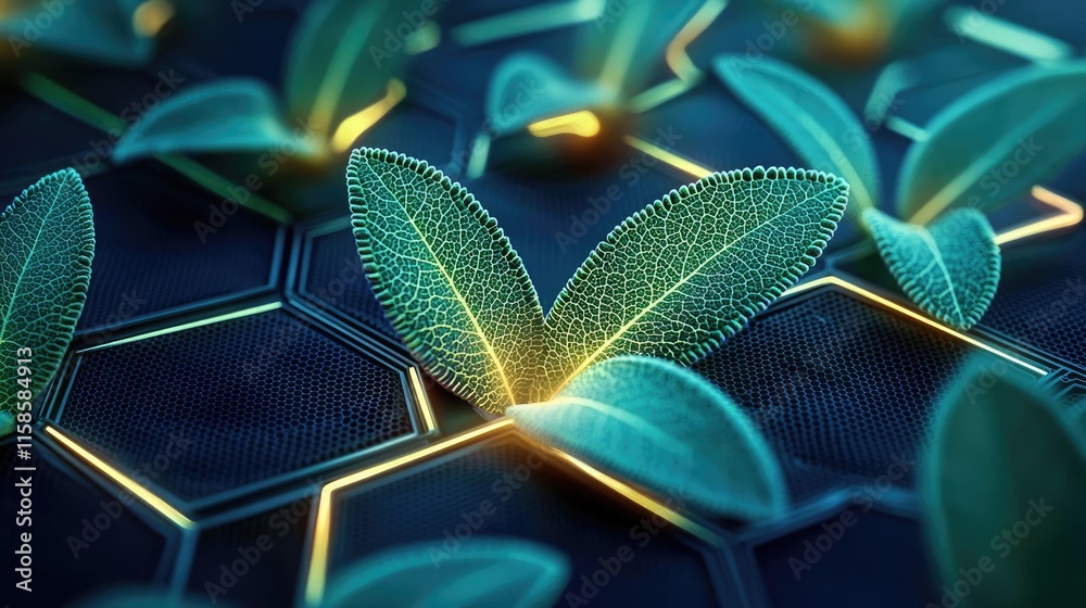 Poster sage leaves abstract background concept. futuristic green leaves with a glowing technology backgroun