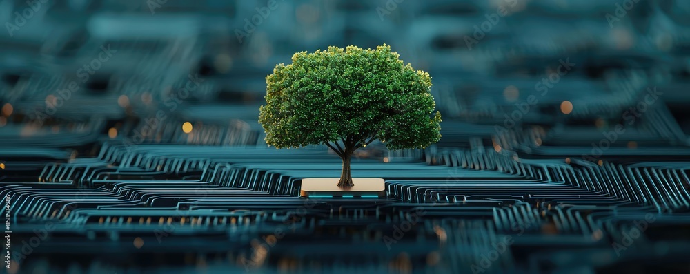 Poster Plane tree abstract background idea. A small tree growing on a computer circuit board representing nature and technology.