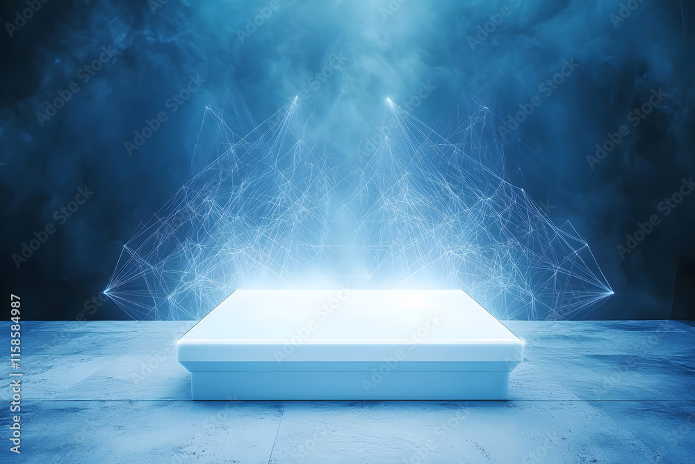 Poster illuminated platform displaying abstract technology concept digital studio 3d render futuristic envi