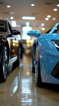 A blue sports car is parked in a showroom. The car is shiny and has a sleek design. The showroom is well lit, and the car is the center of attention