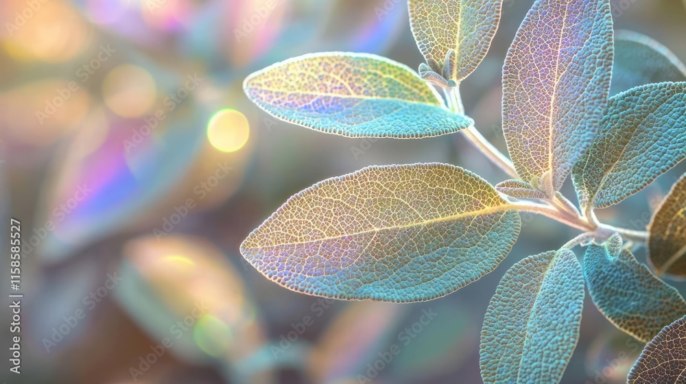 Poster Sage leaves abstract background concept. Close-up of colorful leaves reflecting light in a serene natural setting.
